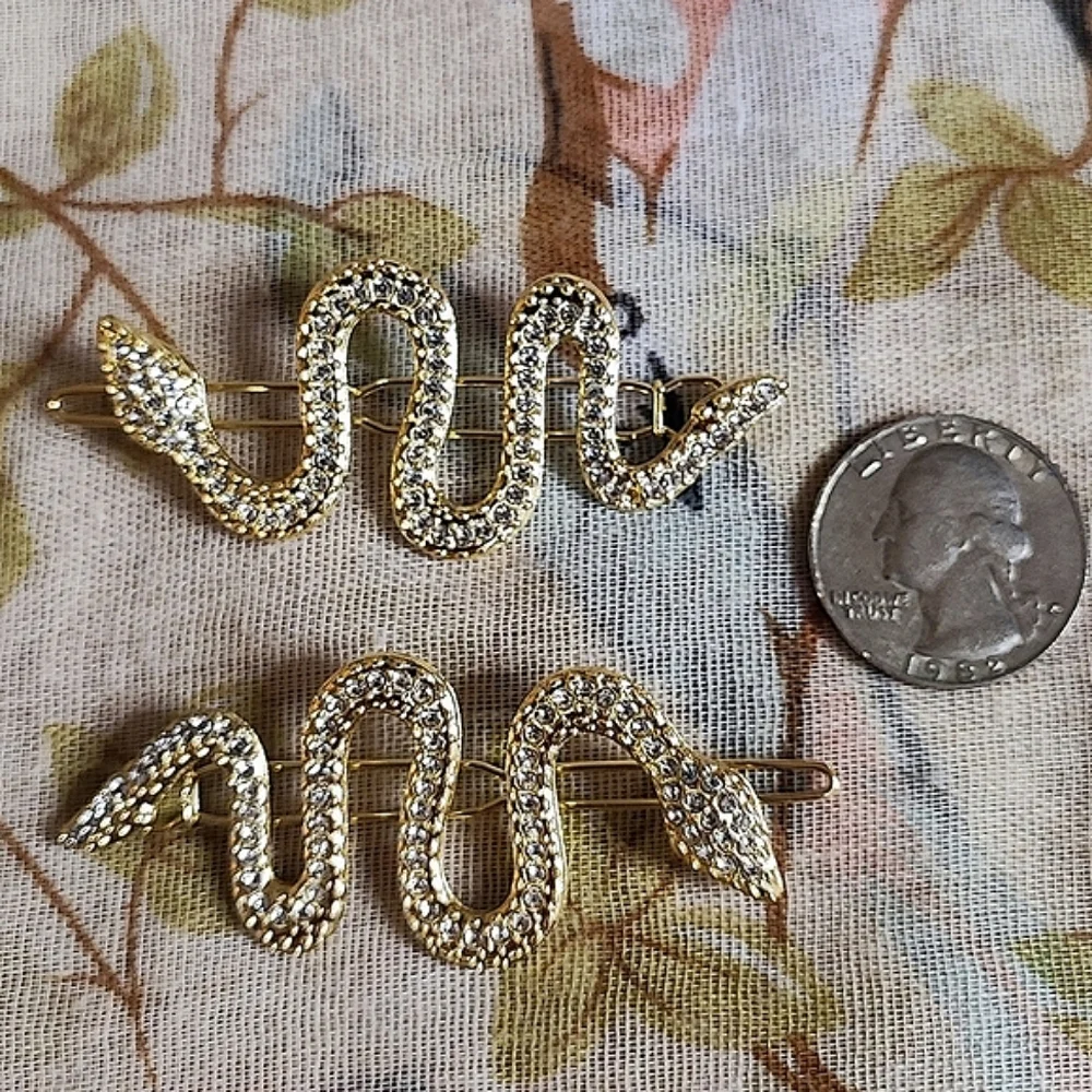 Cobra Snake Serpent Venomous Gold Tone Clear Rhinestone Barrettes Hair Jewelry